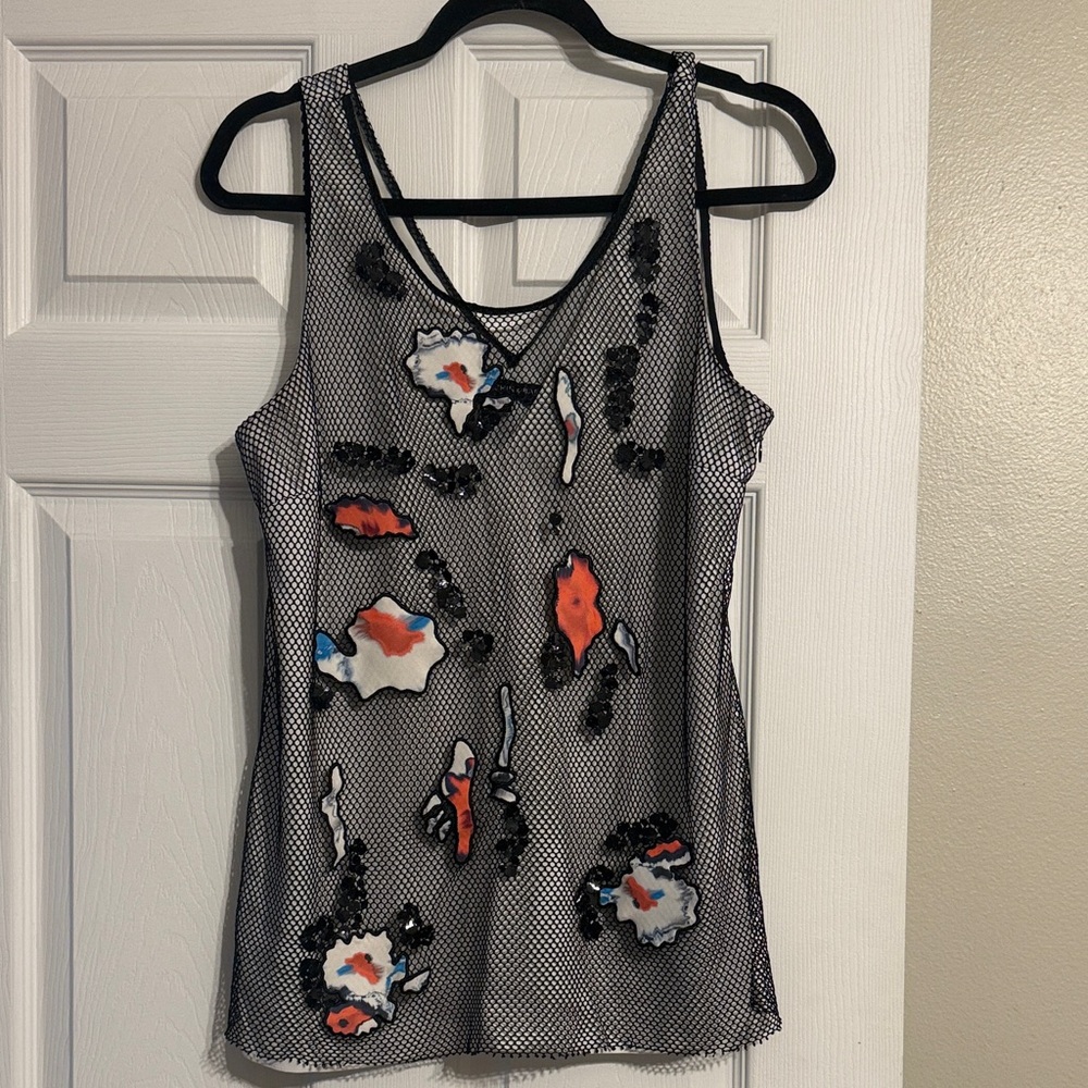 Sachin and Babi Kobold tank sleeveless Mesh Top black white multi EUC